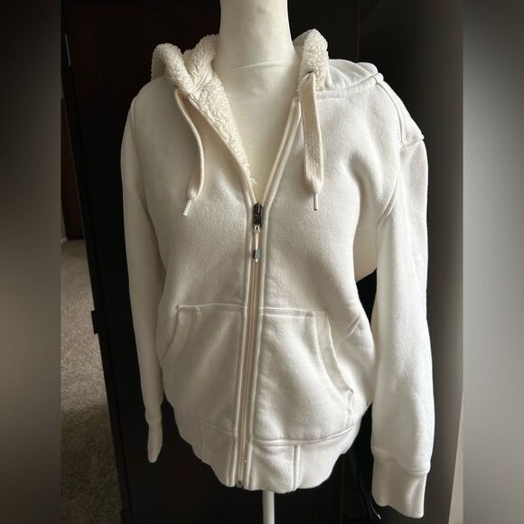 Eddie Bauer Women’s White Full Zip Faux Fur Lined Cotton Hoodie Size Large - Picture 1 of 10